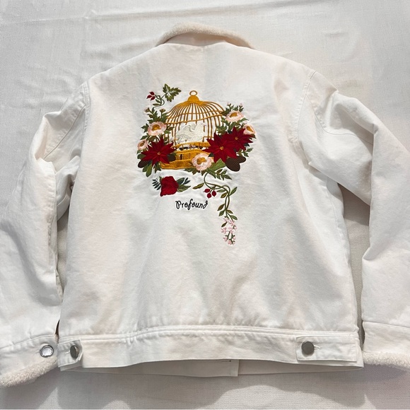 Profound Aesthetic white denim fleece lined trucker jacket | L | embroidered bk - Picture 5 of 15